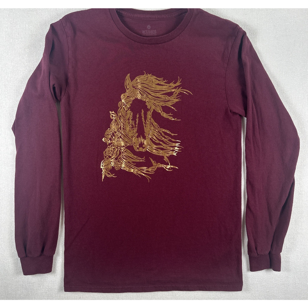 Artisans Horse Head T-shirt Women's Small flow Golden Mane Burgundy Long Sleeve‎